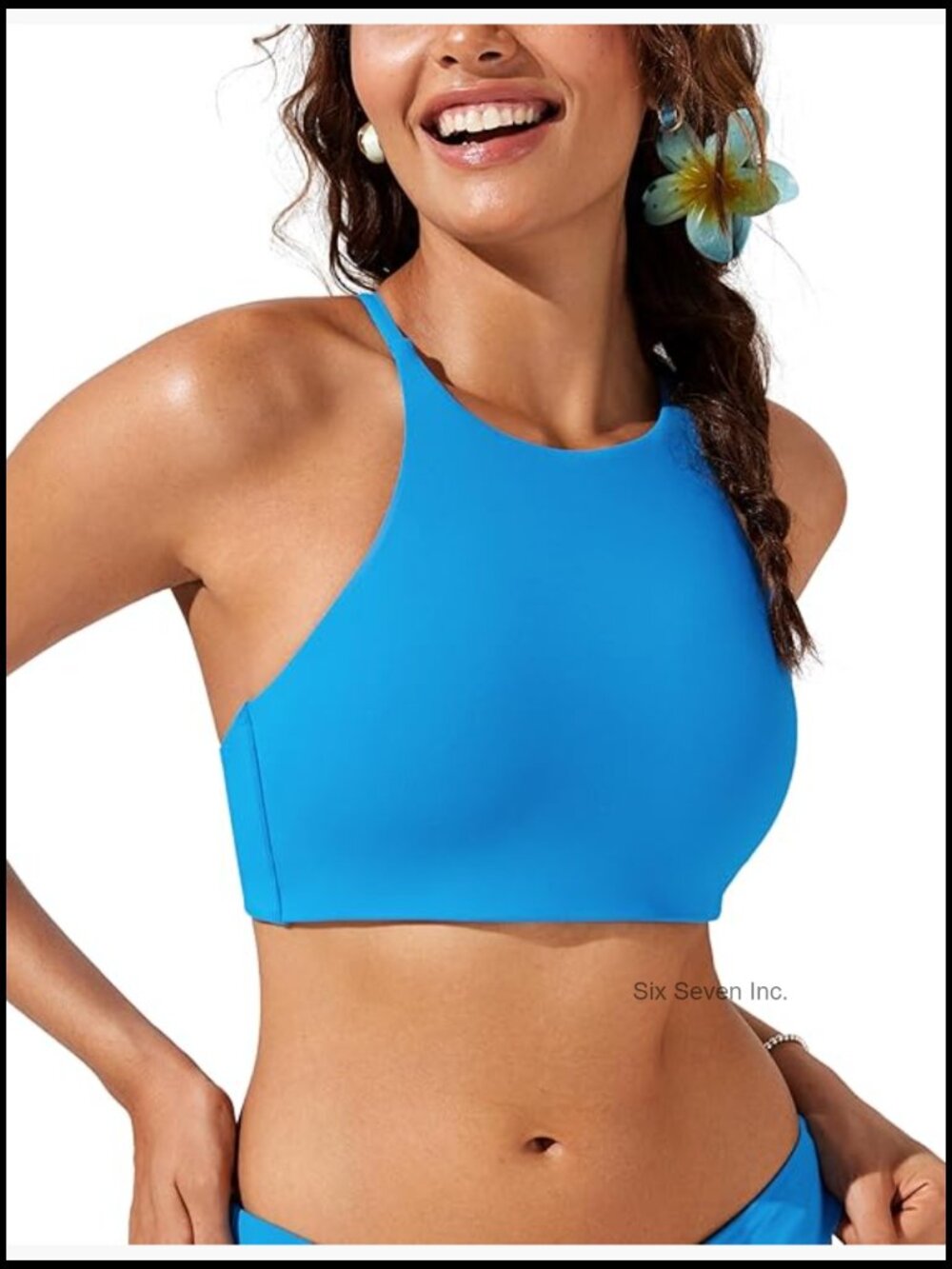 High Neck Bikini Top with Padded Crisscross Tie Back, Quick-Dry Swim Bra for